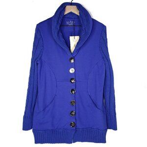 NEW Neon Buddha Button Front Sweatshirt Sweater Coat Jacket‎ Cardigan L Blue NWT